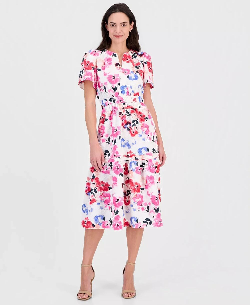 Robbie Bee Women's Short-Sleeve Elastic-Waist Midi Dress Multi Size L 3891